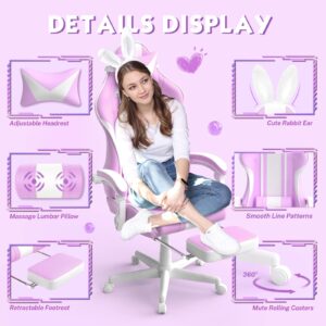 Ferghana Kawaii Light Purple Gaming Chair with Bunny Ears, Ergonomic Cute Gamer Chair with Footrest and Massage, Racing Reclining Leather Computer Game Chair 250lbs for Girls Adults Teens Kids