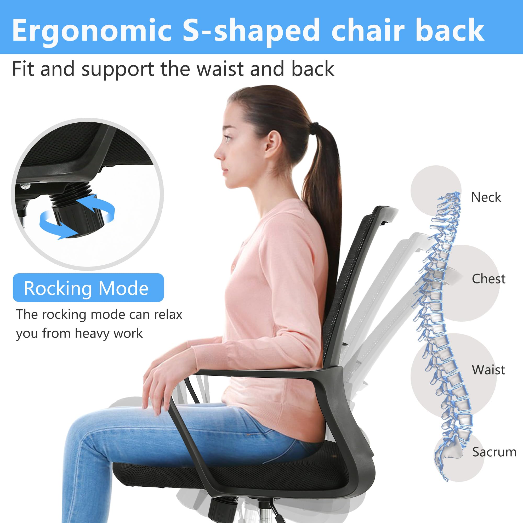 PayLessHere Office Chair Computer Chair Ergonomic Mesh Chair Mid-Back Home Office Swivel Chair Modern Desk Chair with Wheels Armrests Lumbar Support (Black)