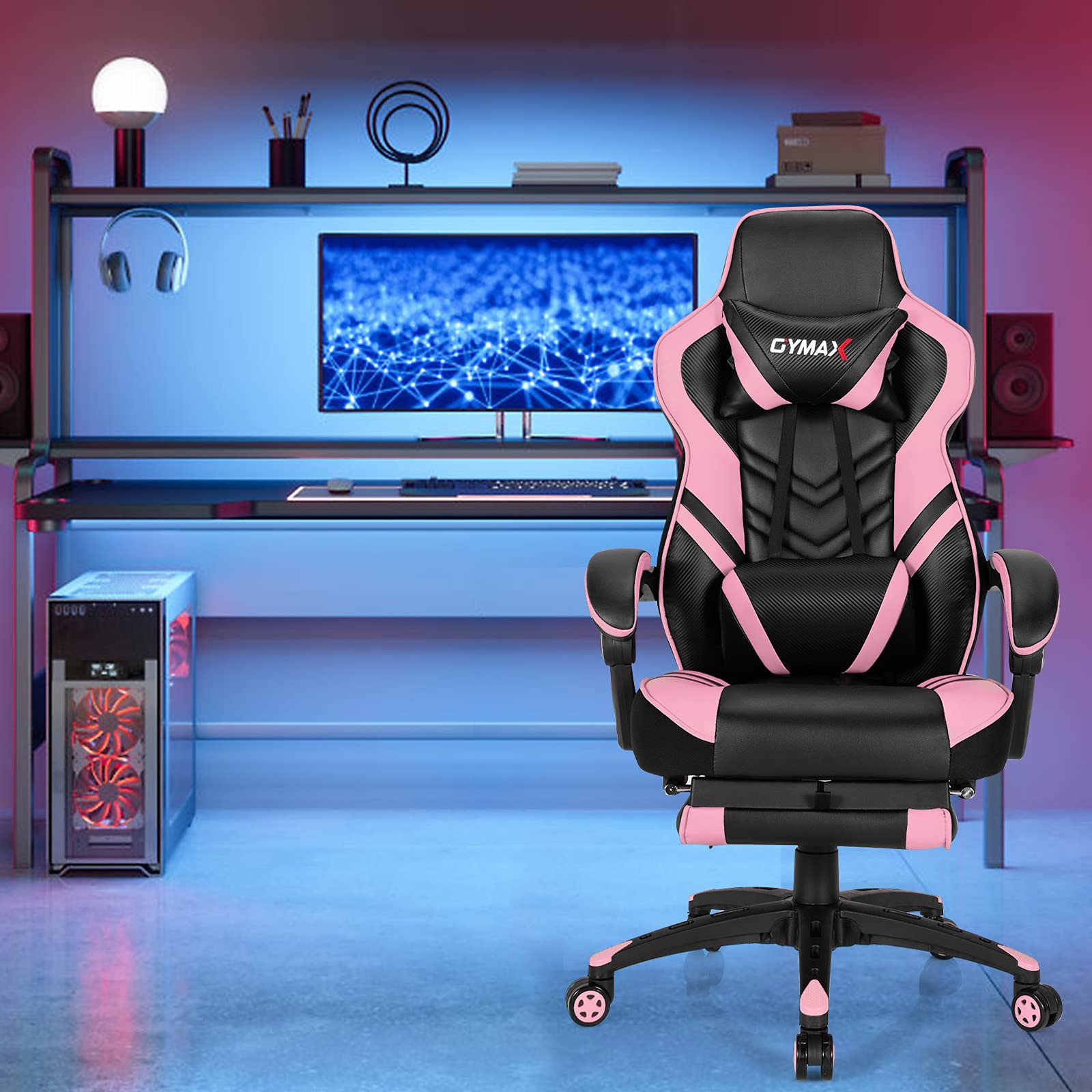 GYMAX Gaming Chair, Ergonomic Computer Chair with Footrest, Linkage Armrests & Lumbar Cushion, Big Wide High Back Video Gaming Chair, Reclining Office Rolling Chair for Adult/Teens (Pink)