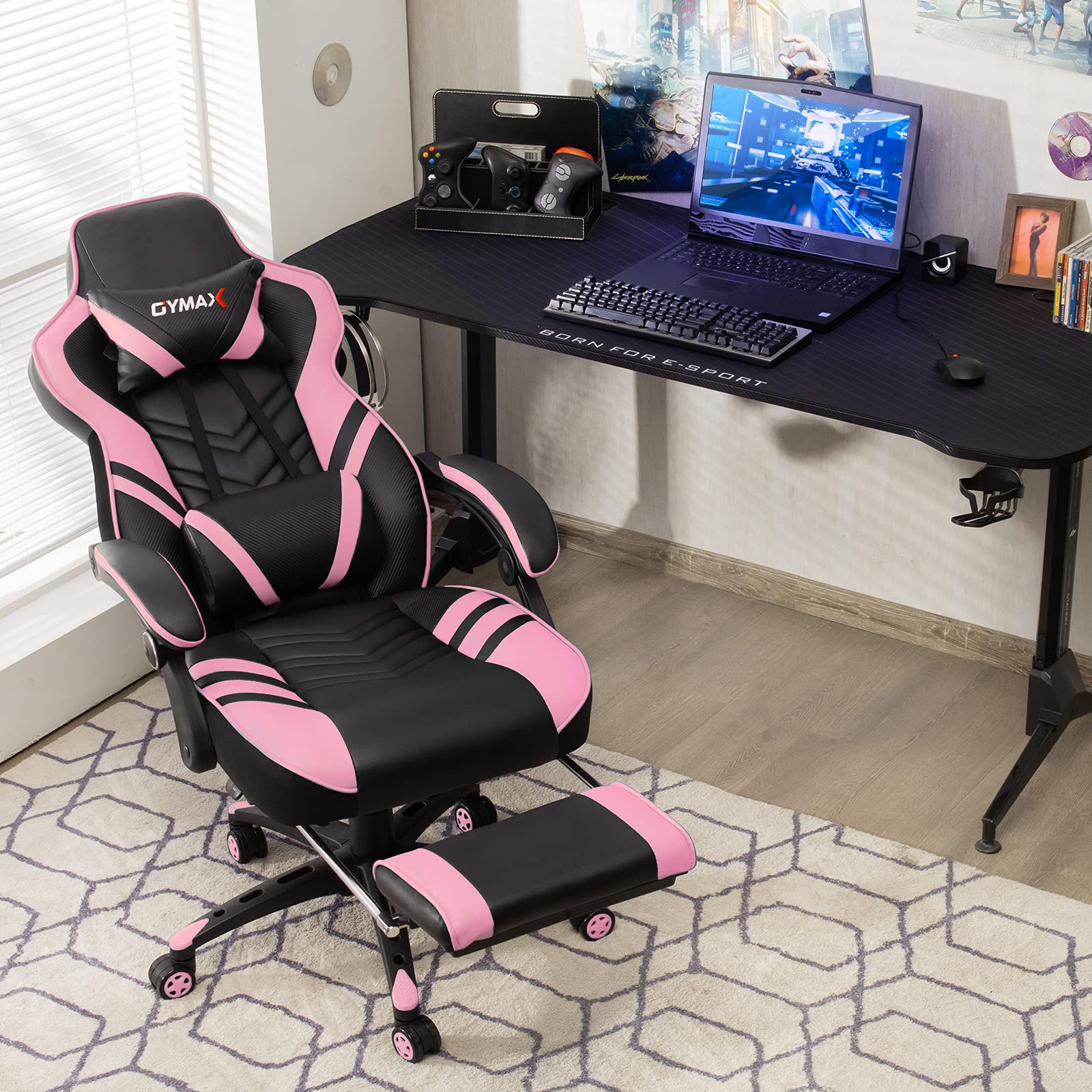 GYMAX Gaming Chair, Ergonomic Computer Chair with Footrest, Linkage Armrests & Lumbar Cushion, Big Wide High Back Video Gaming Chair, Reclining Office Rolling Chair for Adult/Teens (Pink)