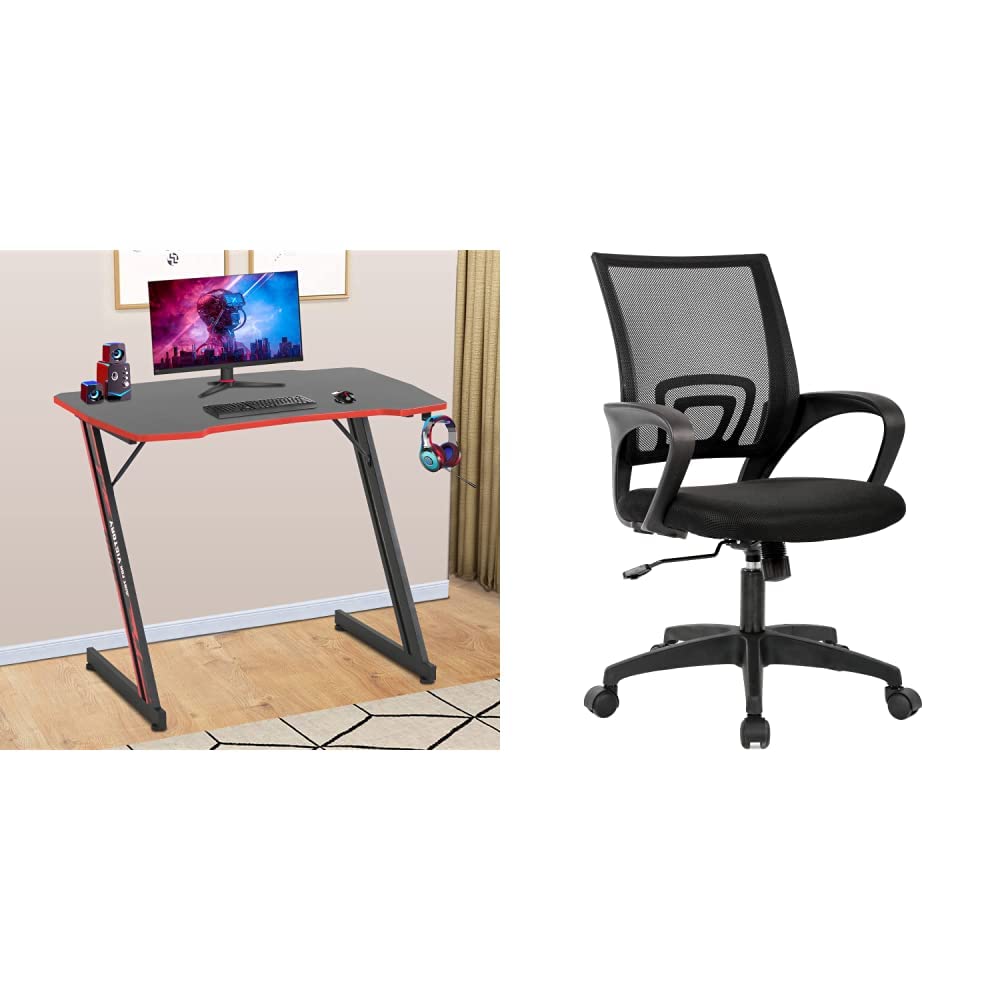 BestOffice Gmaing Desk 35.4in PC Computer Desk Z Shaped Gaming Workstation Ergonomic Gaming Table, Red & Chair Ergonomic Desk Chair Mesh Computer Chair, Black