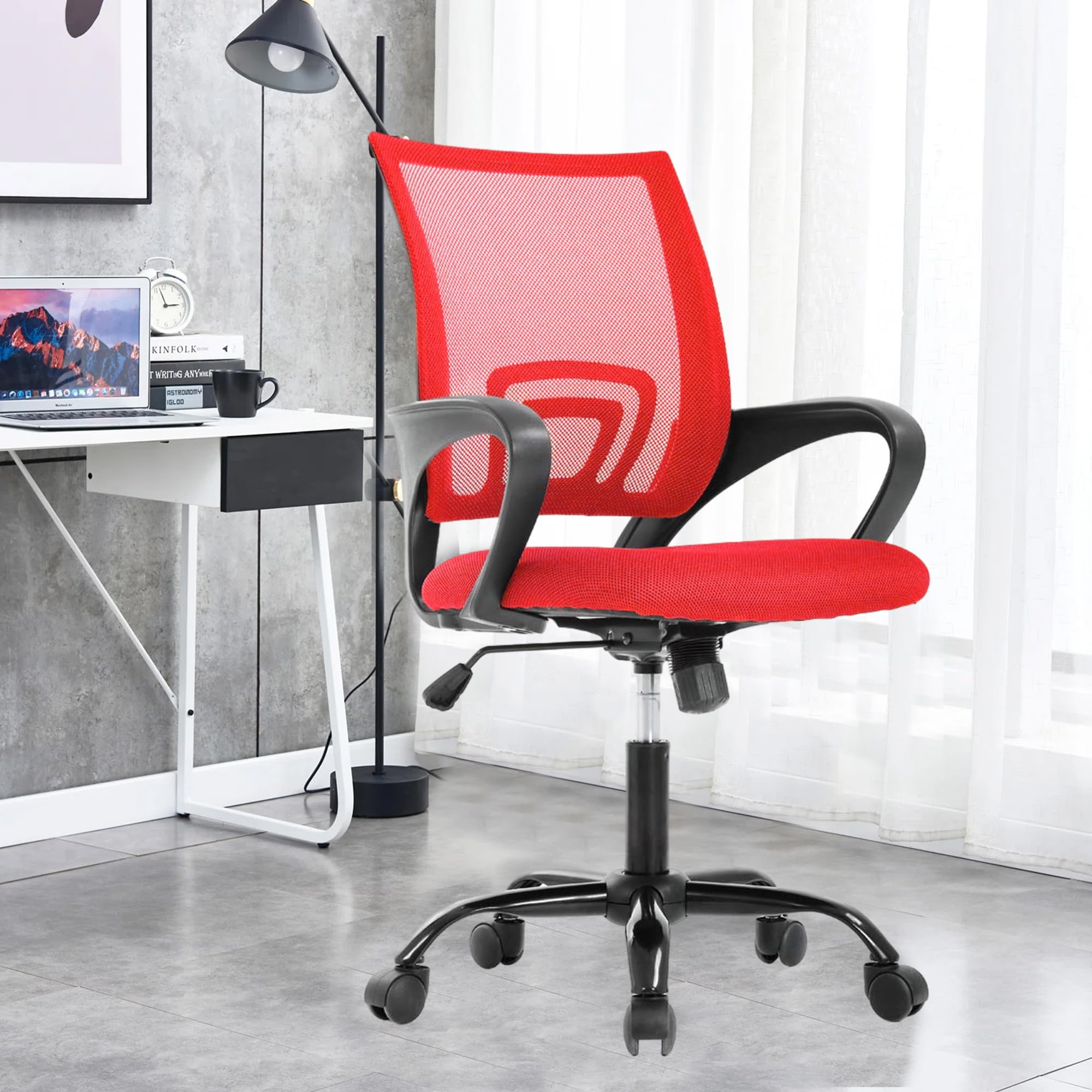 Desk Chair Home Office Chair, Mesh Computer Chairs with Lumbar Support& Armrests, Adjustable Ergonomic Mid-Back Computer Desk Chair, Executive Rolling Swivel Task Chair for Adults,Red