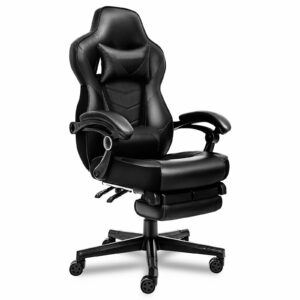 8AM Office Ergonomic Gaming Chair with Leg Rest Support Racing Style Gaming Computer Chair High Back Gaming Recliner for Home Office Game Room, PU Leather Black