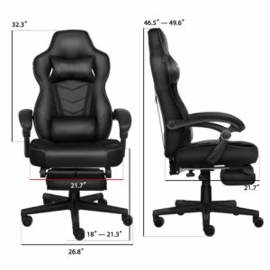 8AM Office Ergonomic Gaming Chair with Leg Rest Support Racing Style Gaming Computer Chair High Back Gaming Recliner for Home Office Game Room, PU Leather Black