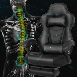 8AM Office Ergonomic Gaming Chair with Leg Rest Support Racing Style Gaming Computer Chair High Back Gaming Recliner for Home Office Game Room, PU Leather Black