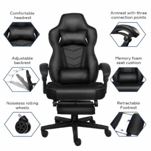 8AM Office Ergonomic Gaming Chair with Leg Rest Support Racing Style Gaming Computer Chair High Back Gaming Recliner for Home Office Game Room, PU Leather Black