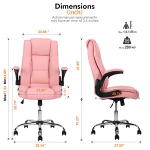 Ergonomic Executive Office Chairs, High Back Leather Office Desk Chairs with Flip up Arms and Height Adjustment, Home Office Computer Task Desk Chair Swivel Home Comfort Chairs (Pink)