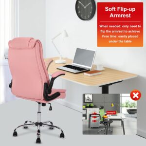 Ergonomic Executive Office Chairs, High Back Leather Office Desk Chairs with Flip up Arms and Height Adjustment, Home Office Computer Task Desk Chair Swivel Home Comfort Chairs (Pink)