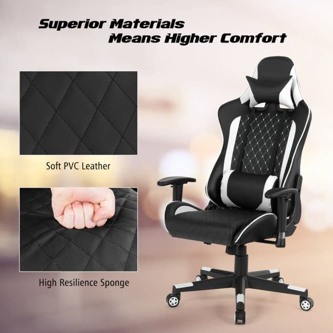 Ergonomic Gamer Desk Chair, High Back PC Computer Home Office Chair with Massage & 90°-180° Adjustable Tilt Back Height Adjustable Swivel PU Leather Executive Racing Computer Desk (Black+ White)