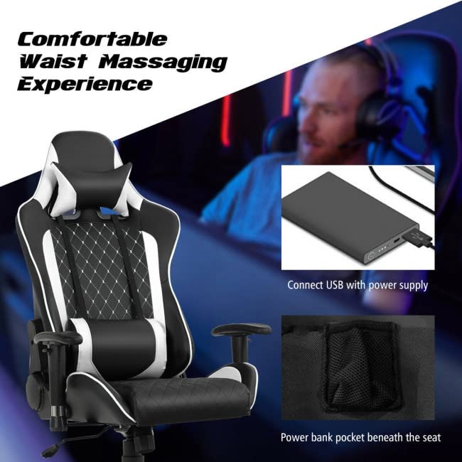 Ergonomic Gamer Desk Chair, High Back PC Computer Home Office Chair with Massage & 90°-180° Adjustable Tilt Back Height Adjustable Swivel PU Leather Executive Racing Computer Desk (Black+ White)