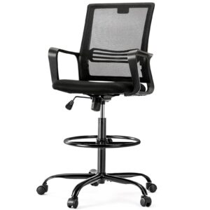 OLIXIS Tall Standing Office Desk Adjustable Foot Ring Drafting Chair, Darkblack