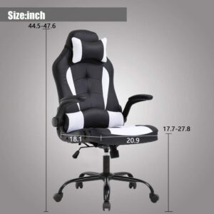 OffiClever Racing Style Office High Back Desk Executive PU Leather Rolling Task Swivel Computer with Lumbar Support Headrest, White