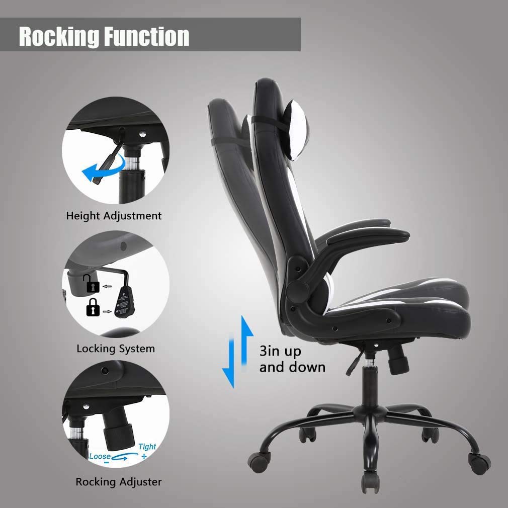 OffiClever Racing Style Office High Back Desk Executive PU Leather Rolling Task Swivel Computer with Lumbar Support Headrest, White