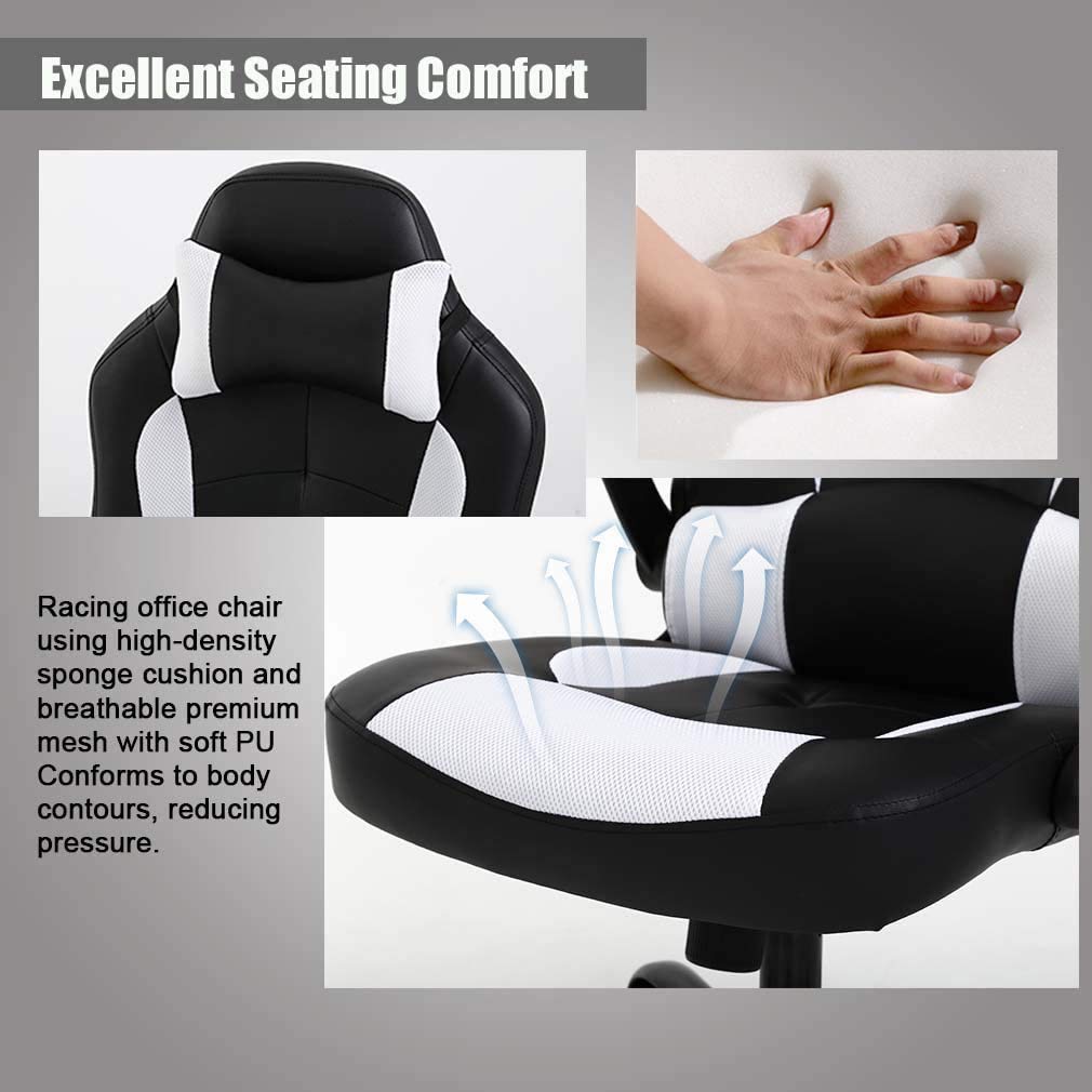 OffiClever Racing Style Office High Back Desk Executive PU Leather Rolling Task Swivel Computer with Lumbar Support Headrest, White