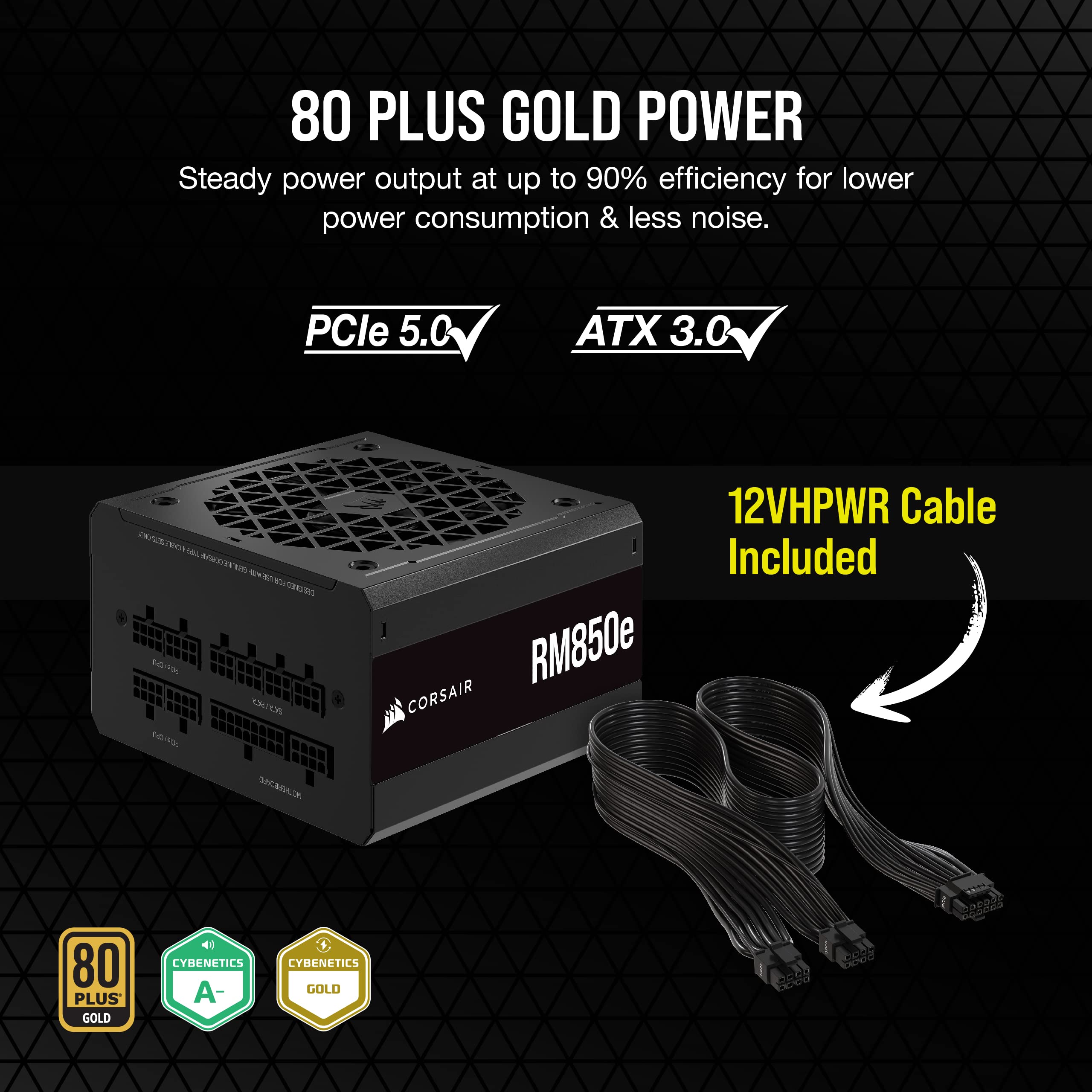 Corsair RM850e (2023) Fully Modular Low-Noise Power Supply - ATX 3.0 & PCIe 5.0 Compliant - 105°C-Rated Capacitors - 80 Plus Gold Efficiency - Modern Standby Support - Black