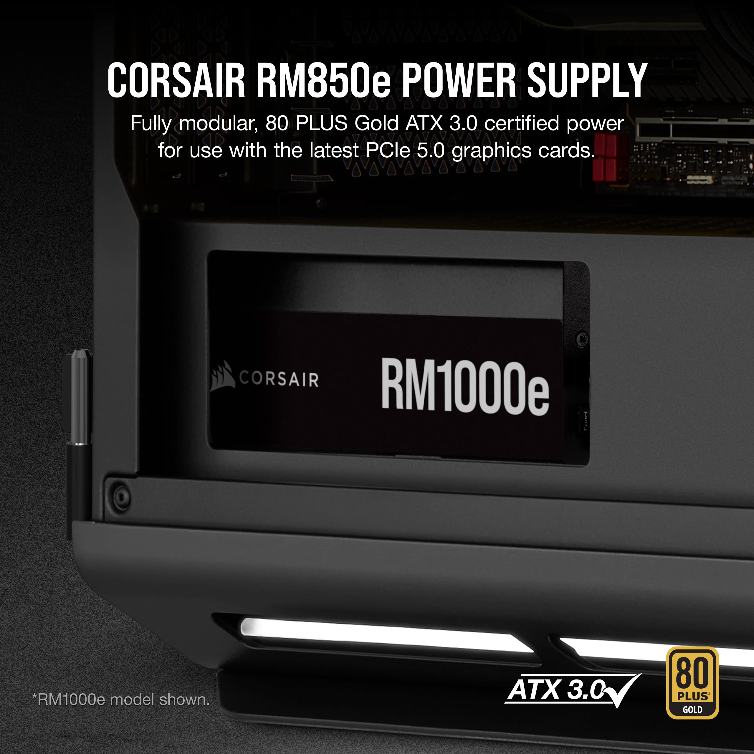 Corsair RM850e (2023) Fully Modular Low-Noise Power Supply - ATX 3.0 & PCIe 5.0 Compliant - 105°C-Rated Capacitors - 80 Plus Gold Efficiency - Modern Standby Support - Black