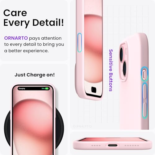 ORNARTO Compatible with iPhone 15 Plus Case 6.7", Slim Liquid Silicone 3 Layers Full Covered Soft Gel Rubber Cover Protective Phone Case with Anti-Scratch Microfiber Lining-Pink