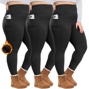 HLTPRO 3 Pack Plus Size Fleece Lined Leggings with Pockets for Women - Black Thermal Warm High Waisted Yoga Pants for Workout