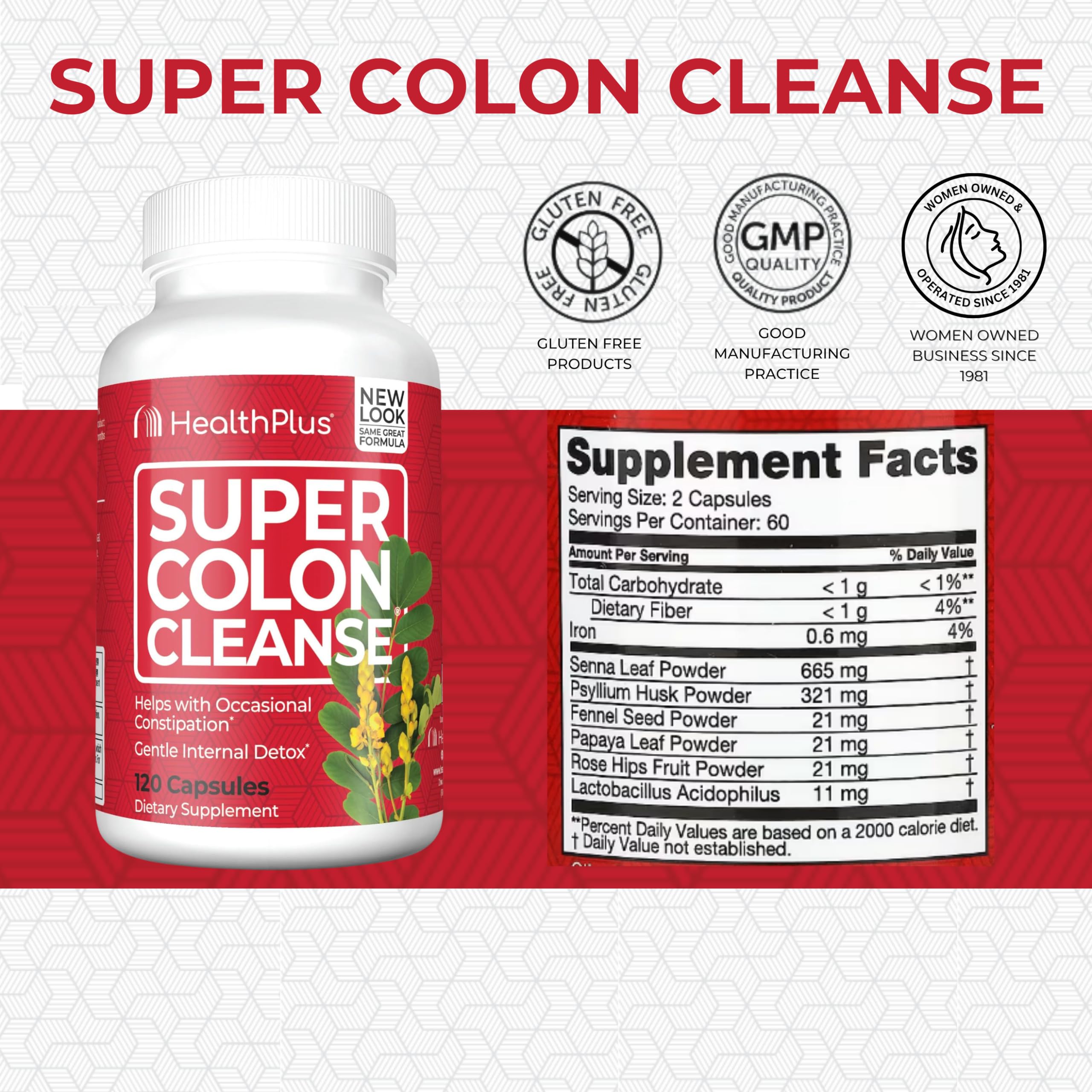 Health Plus Super Colon Cleanse 10 Day Gentle Gut Cleanse Detox, Psyllium Husk, Probiotics for Constipation Relief & Digestive Support, 120 Capsules