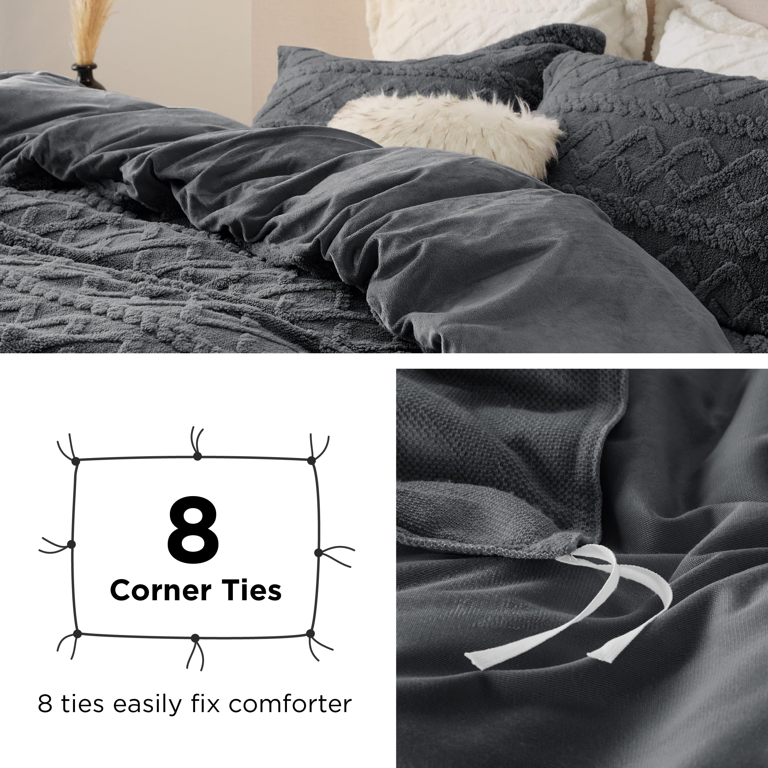 Bedsure Fluffy Comforter Cover Set - Faux Fur Duvet Cover Queen Size, Dark Grey Plush Quilt Cover, 3 Pieces,1 Duvet Cover (90"x90") with Zipper Closure & 2 Pillow Shams, Comforter Not Included