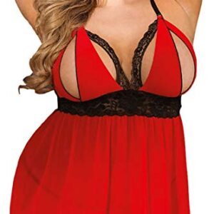 Women's Plus Size Lingerie Red Babydoll Lace Split Cup Sleepwear Chemise Set