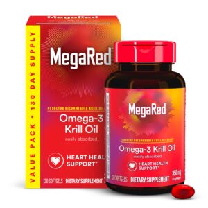 MegaRed Krill Oil 350mg Omega 3 Supplement, 1 Dr Recommended Krill Oil Brand with EPA, DHA, Astaxanthin & Phopholipids, Supports Heart, Brain, Joint and Eye Health - 130 Softgels (130 servings)