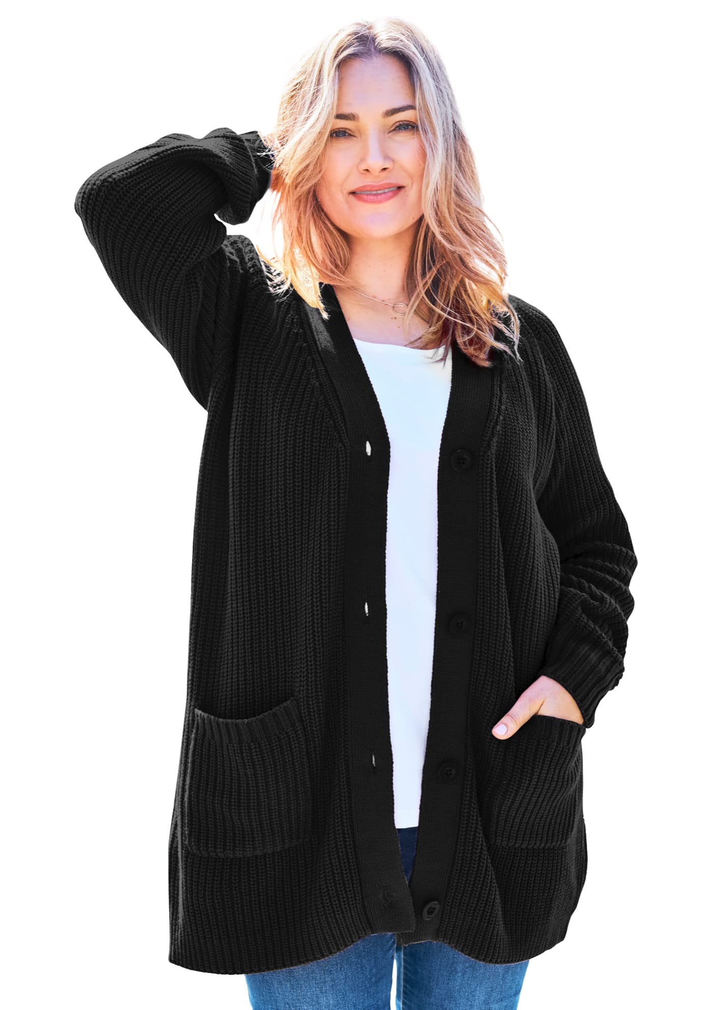 Woman Within Women's Plus Size Button-Front Shaker Cardigan - 3X, Black