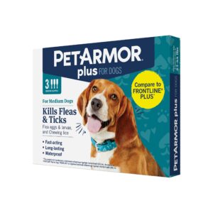 petarmor plus flea and tick prevention for dogs, dog flea and tick treatment, 3 doses, waterproof topical, fast acting, medium dogs (23-44 lbs)