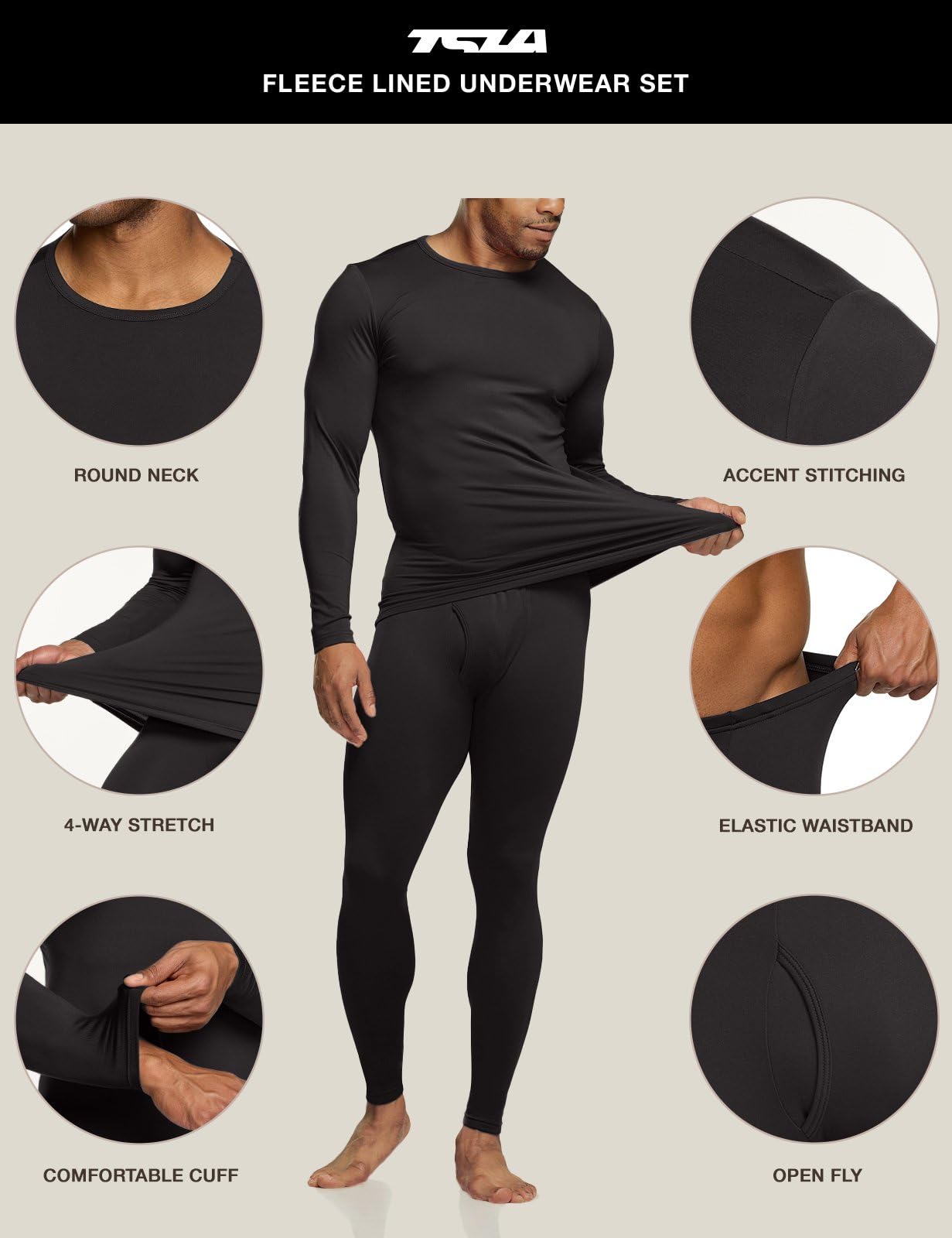 TSLA Men's Thermal Underwear Set, Microfiber Soft Fleece Lined Long Johns, Winter Warm Base Layer Top & Bottom, Soft Micro Fleece Fly-front Black, X-Large