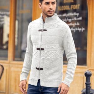 Karlywindow Mens Cable Knitted Cardigan Sweater Turtleneck Long Sleeve Slim Fit Winter Zipper Front Casual Pullover Sweaters