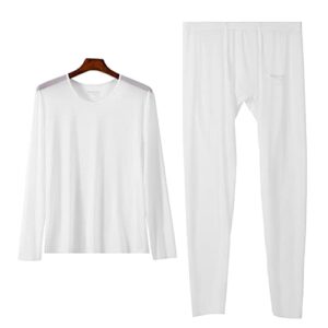 IYUNYI Men's Thermal Underwear Set, Ice Silk Feeling Long Johns, Winter Thin Base Layer Top & Bottom White