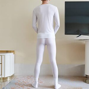 IYUNYI Men's Thermal Underwear Set, Ice Silk Feeling Long Johns, Winter Thin Base Layer Top & Bottom White