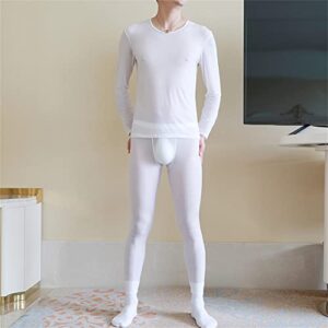 IYUNYI Men's Thermal Underwear Set, Ice Silk Feeling Long Johns, Winter Thin Base Layer Top & Bottom White