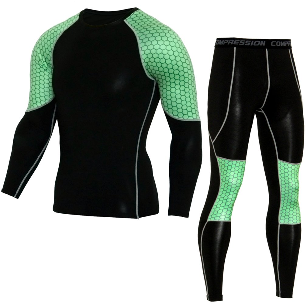 NATURET Compression Pants Running Shirt Mens Athletic Cool Sleeve Baselayer Shaper Top Workout Gym Set Green