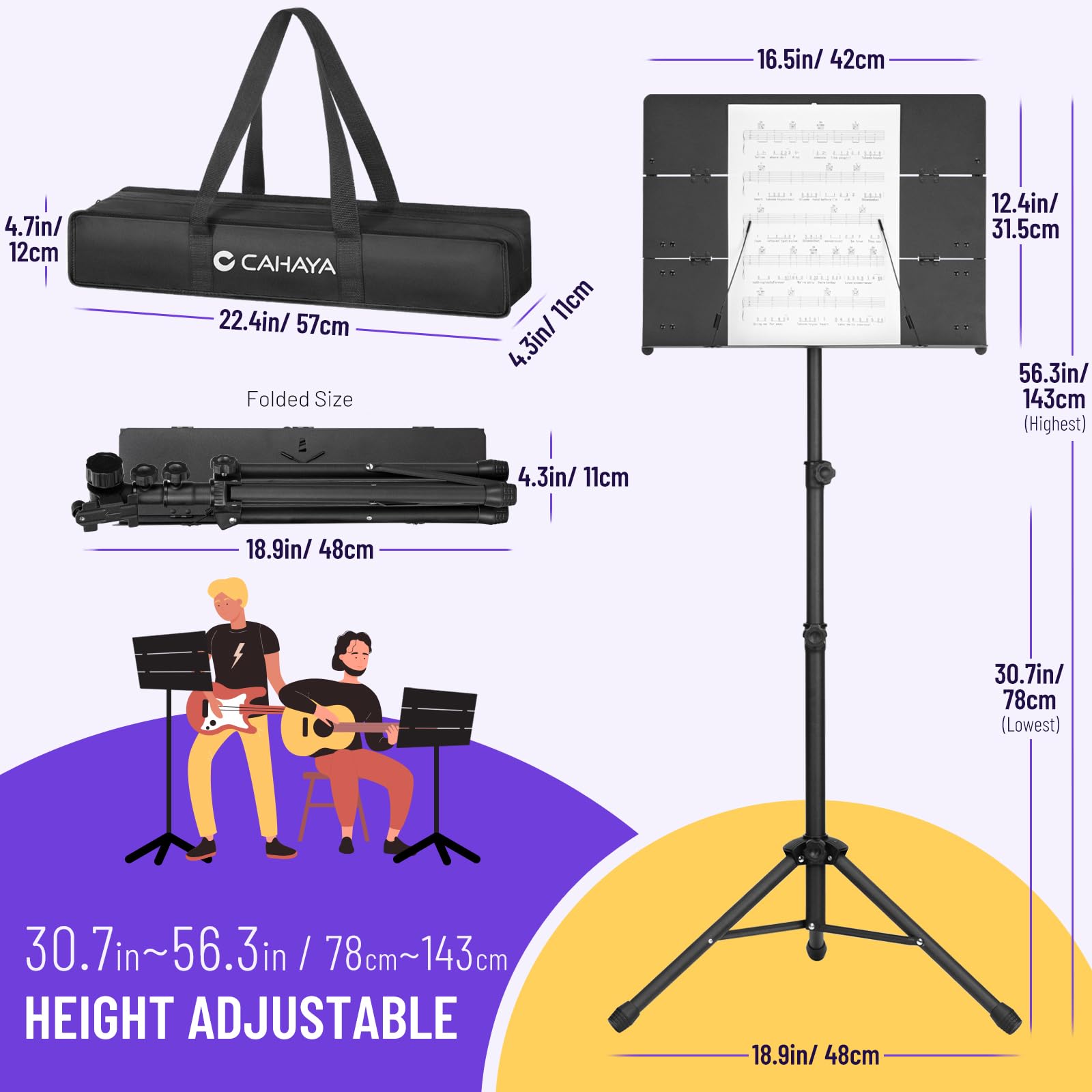 CAHAYA Foldable Sheet Music Stand with Tri-fold Panel Portable Music Stand with Carrying Bag Matte Frosted Metal Material Sturdy Height Adjustable CY0317