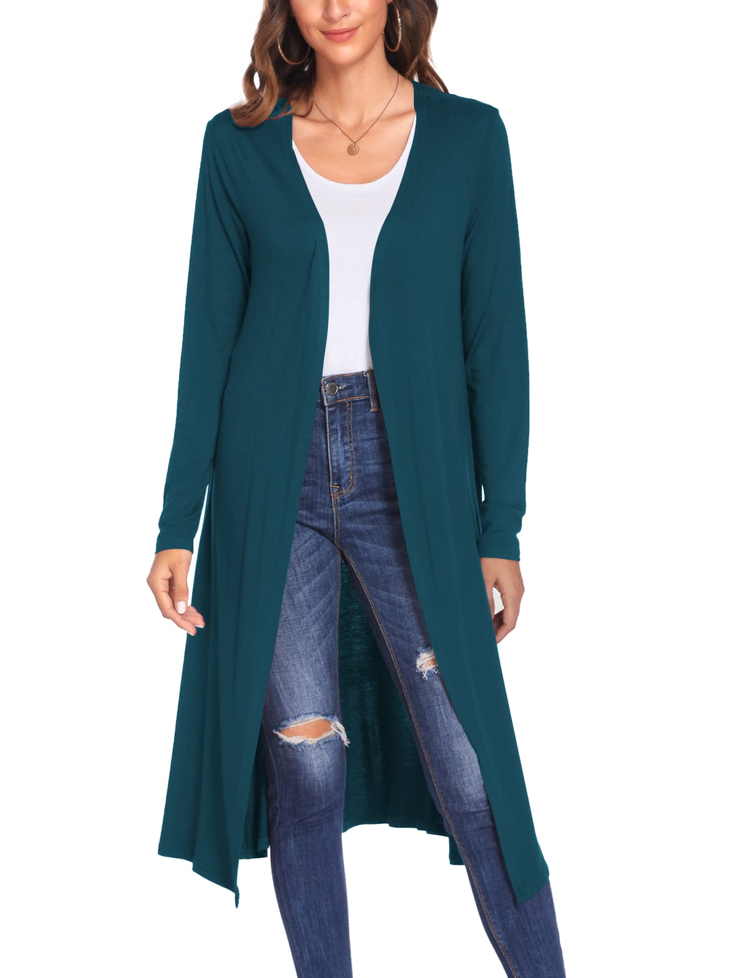 Bluetime Women Plus Size Maxi Cardigan Long Sleeve Open Front Cardigan Lightweight Sweater (XXXXL, Teal Blue)