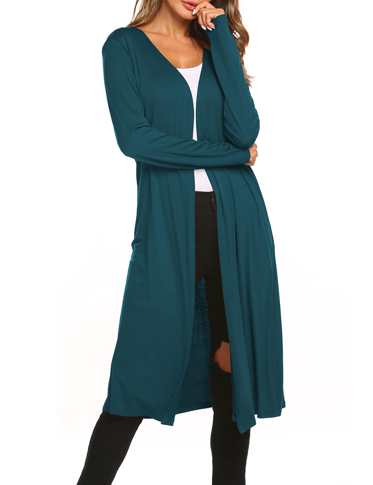 Bluetime Women Plus Size Maxi Cardigan Long Sleeve Open Front Cardigan Lightweight Sweater (XXXXL, Teal Blue)