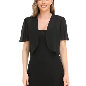 Women Black Bolero Shrug Soft Chiffon Open Front Sheer Short Sleeve Cropped Cardigans for Evening Dress(Black,L)