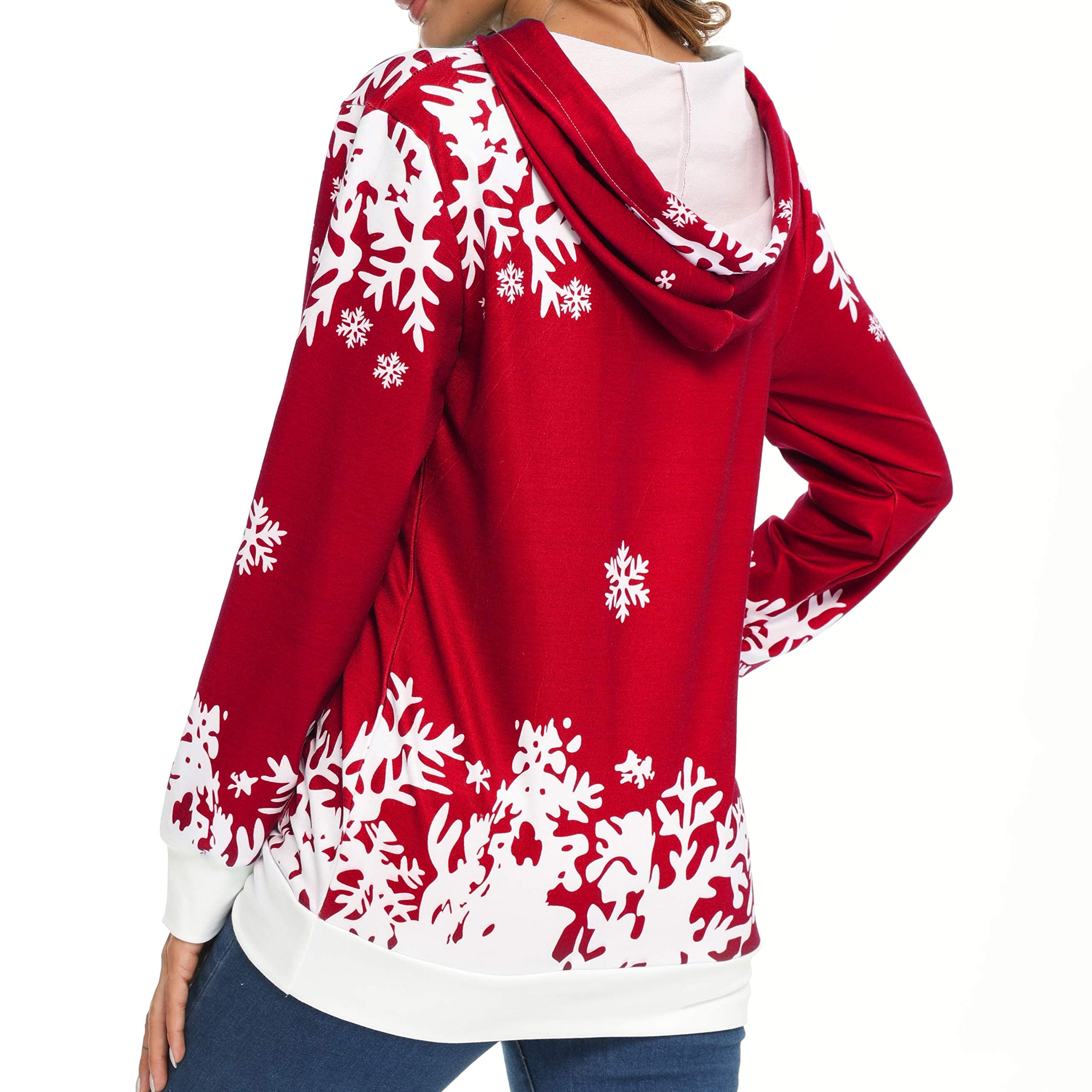 LOTUCY Christmas Women Sweatshirt Casual Hoodie Jumper Graphics Loose Snowflake Print Pocket Pullover Long Sleeve Sweater Xmas Holiday Funny tops (Red, M)