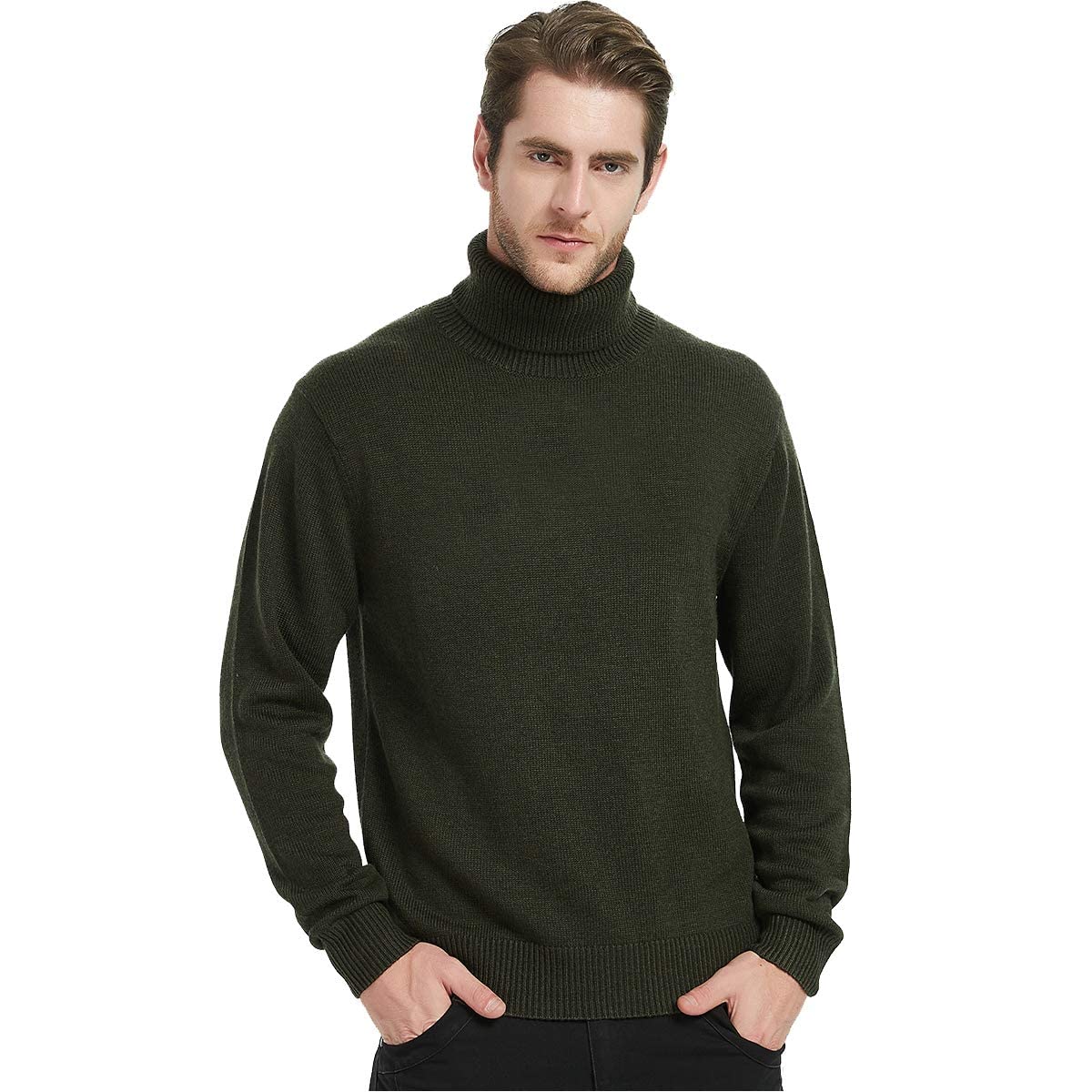 Kallspin Men's Turtle Neck Sweaters Wool Blended Mid-Weight Long Sleeve High Neck Pullover Sweaters(Dark Green,4X-Large)