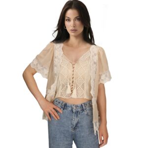 adult women daisy lace bohemian cardigan summer floral fringe ruffle short sleeve kimono crochet sheer shrug crop top (beige, medium)