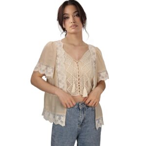 Adult Women Daisy Lace Bohemian Cardigan Summer Floral Fringe Ruffle Short Sleeve Kimono Crochet Sheer Shrug Crop Top (Beige, Medium)