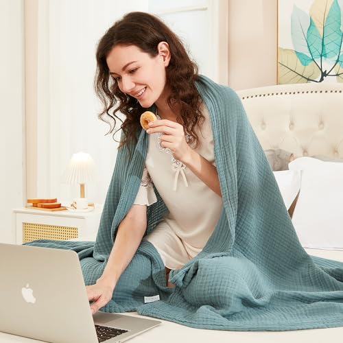 EMME Muslin Throw Blanket 100% Cotton Blankets for Couch Breathable Gauze All Season Soft and Lightweight Pre-Washed (Teal, 50"x70")