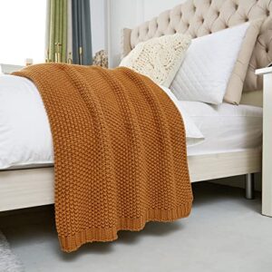 Chunky Cable Knit Throw Blanket Lightweight Burnt Orange 100% Organic Cotton Blanket for Sofa Couch Bed Baby Nursery, Rustic Shabby Chic Modern Farmhouse, 51” x 63” Give Laundering Bag