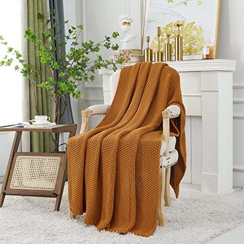 Chunky Cable Knit Throw Blanket Lightweight Burnt Orange 100% Organic Cotton Blanket for Sofa Couch Bed Baby Nursery, Rustic Shabby Chic Modern Farmhouse, 51” x 63” Give Laundering Bag