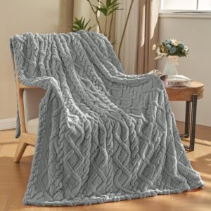 kmuset grey fleece throw blanket – 280 gsm super soft lightweight blanket with 3d jacquard weave pattern blanket for couch and decorative