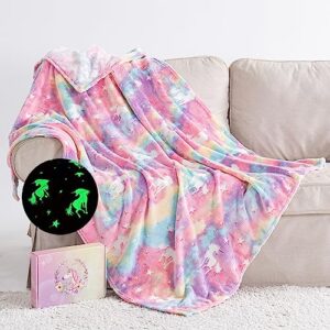 QSTEHEML Glow in The Dark Unicorn Throw Blanket for Boys Girls, Luminous Rainbow Blanket Birthday for Toddler Kids, Cozy Soft Fluffy Flannel Fleece Nap Sleep Blankets, 50" x 60"