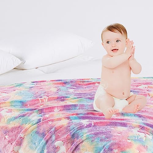 QSTEHEML Glow in The Dark Unicorn Throw Blanket for Boys Girls, Luminous Rainbow Blanket Birthday for Toddler Kids, Cozy Soft Fluffy Flannel Fleece Nap Sleep Blankets, 50" x 60"