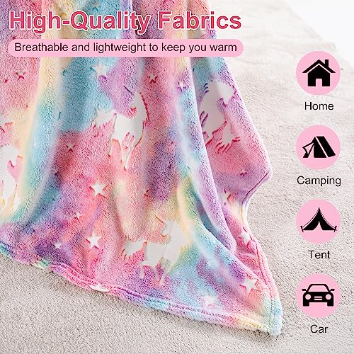 QSTEHEML Glow in The Dark Unicorn Throw Blanket for Boys Girls, Luminous Rainbow Blanket Birthday for Toddler Kids, Cozy Soft Fluffy Flannel Fleece Nap Sleep Blankets, 50" x 60"