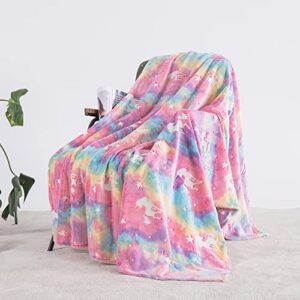 QSTEHEML Glow in The Dark Unicorn Throw Blanket for Boys Girls, Luminous Rainbow Blanket Birthday for Toddler Kids, Cozy Soft Fluffy Flannel Fleece Nap Sleep Blankets, 50" x 60"